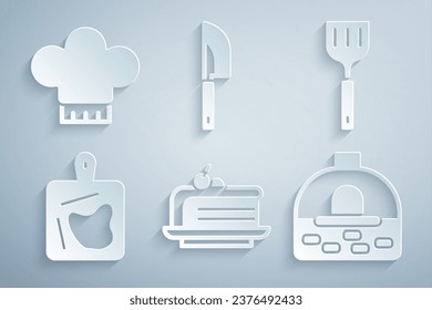 Set Piece of cake, Spatula, Cutting board, Brick stove, Knife and Chef hat icon. Vector