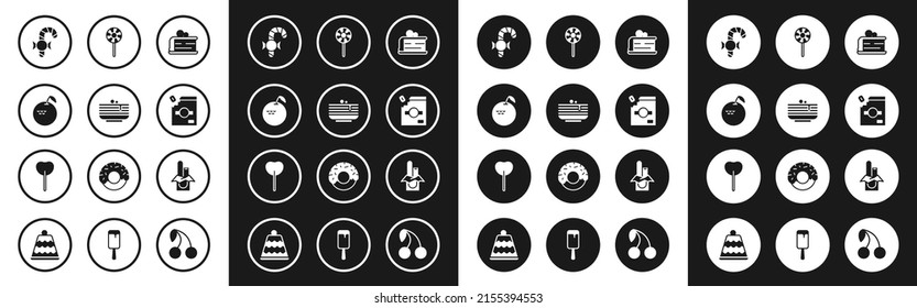 Set Piece of cake, Stack pancakes, Apple, Christmas candy cane, Candy packaging for sweets, Lollipop, Chocolate bar and  icon. Vector