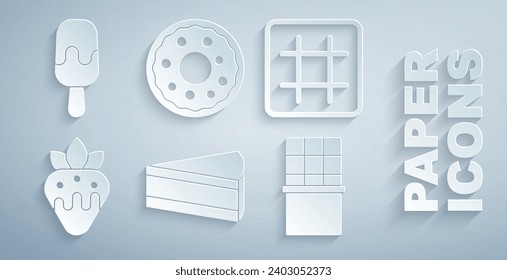 Set Piece of cake, Waffle, Strawberry in chocolate, Chocolate bar, Donut and Ice cream icon. Vector