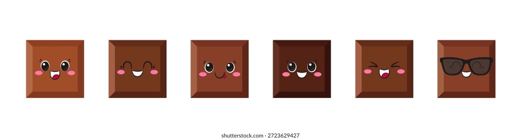 Pieza del sistema del chocolate, carácter lindo y divertido de la historieta, postre dulce, ojos grandes, alegría de las emociones deleitan, cara sonriente feliz, estilo kawaii, ilustración de los niños del Vector del icono.