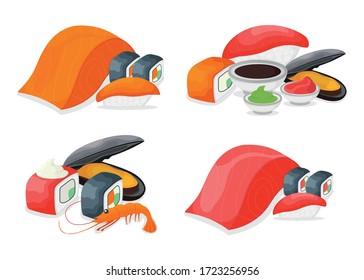 Set of piece fish salmon steak , fresh tuna minnow, ocean mussel and shrimp cartoon vector illustration. Omega 3 food, healthy seafood stuff icon. Asian japanese cuisine concept.