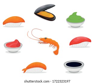 Set of piece fish salmon sushi icon, fresh ocean mussel and shrimp, soy sauce wasabi and ginger cartoon vector illustration. Asian japanese cuisine concept, omega 3 food, healthy seafood stuff icon.