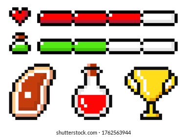 Set of piece of meat, poison, cup winner, life and magic force lines. Pixel elements, 8bit objects. Symbols for mobile, computer game, videogame of 80s isolated at white background. Pixel game design