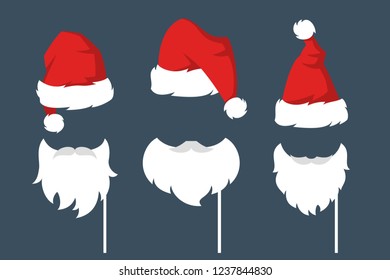 Set of piece photo booth props for Santa Claus. Vector illustration.