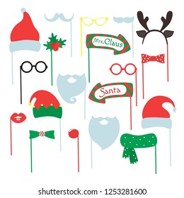 Set of piece photo booth props for Merry Christmas and Happy New Year. Vector illustration.