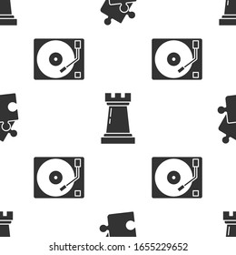 Set Piece of puzzle, Chess symbol and Vinyl player with a vinyl disk on seamless pattern. Vector