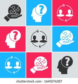 Set Piece of puzzle in hand, Human head with question mark and Human resources icon. Vector