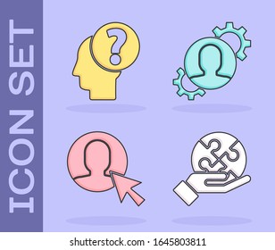 Set Piece of puzzle in hand, Human head with question mark, User of man in business suit and Human with gear inside icon. Vector