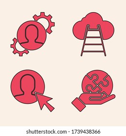 Set Piece of puzzle in hand, Human with gear inside, Ladder leading to cloud and User of man in business suit icon. Vector