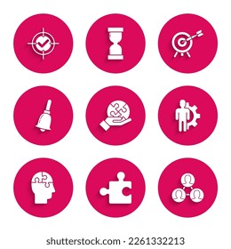 Set Piece of puzzle in hand, Project team base, Human with gear inside, head puzzles strategy, Ringing bell, Target arrow and check mark icon. Vector