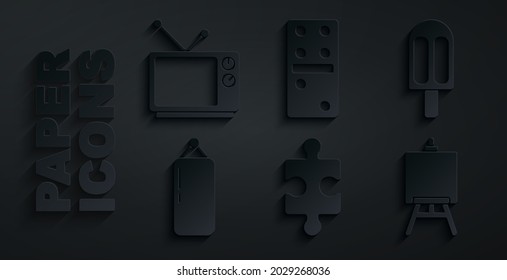 Set Piece of puzzle, Ice cream, Punching bag, Easel or painting art boards, Domino and Retro tv icon. Vector