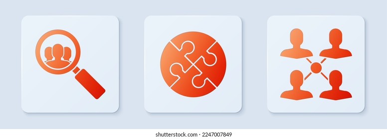 Set Piece of puzzle, Magnifying glass for search a people and Project team base. White square button. Vector