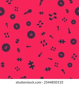 Set Piece of puzzle, Microphone, Casino chips and Music note, tone on seamless pattern. Vector