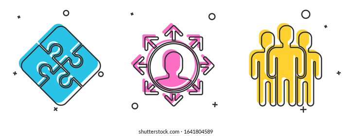 Set Piece of puzzle, Project team base and Users group icon. Vector
