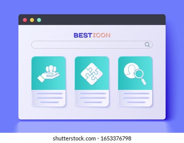 Set Piece of puzzle, Project team base and Magnifying glass for search a people icon. Vector