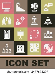 Set Piece of puzzle, Ranking star, Pyramid chart infographics, Worldwide, Marketing target strategy, Growth and progress, Computer monitor and Stage stand tribune icon. Vector