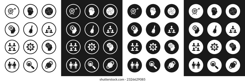 Establecer pieza de rompecabezas, campana sonora, cabeza humana con equipo dentro, flecha de destino, base de equipo del proyecto, estrategia de rompecabezas e icono. Vector