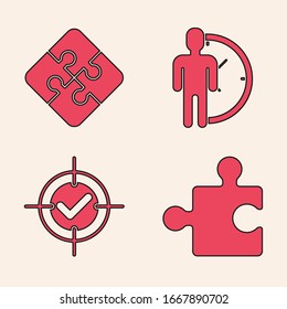 Set Piece of puzzle, Piece of puzzle, Time Management and Target and check mark icon. Vector