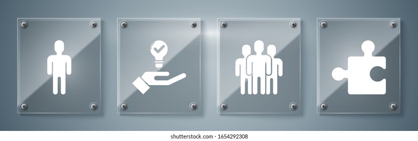 Set Piece of puzzle, Users group, Light bulb in hand and User of man in business suit. Square glass panels. Vector