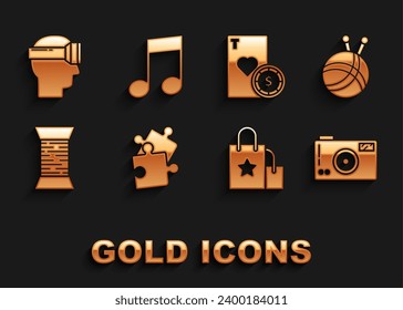 Set Piece of puzzle, Yarn ball with knitting needles, Photo camera, Paper shopping bag, Sewing thread on spool, Casino chip and playing cards, Virtual reality glasses and Music note, tone icon. Vector