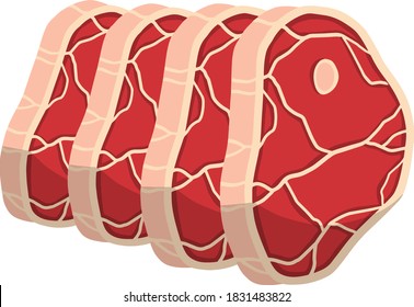 Set of Piece of raw meat. Cartoon illustration. Cut off half beef piece. Fresh red food with streaks and fat. Element of kitchen, grill, BBQ, steak and delicious meal