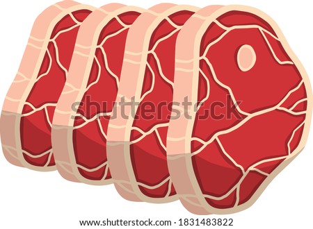 Set of Piece of raw meat. Cartoon illustration. Cut off half beef piece. Fresh red food with streaks and fat. Element of kitchen, grill, BBQ, steak and delicious meal