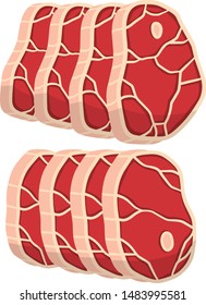 Set of Piece of raw meat. Element of kitchen, grill, BBQ, steak and delicious meal. Cut off half beef piece. Cartoon illustration. Fresh red food with streaks and fat