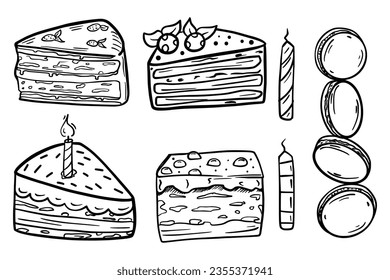 Set piece of sliced cake. Macarons. Birthday. isolated object. Doodle style