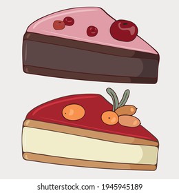 Set of pieces of birthday cake, bright icing and berries. Happy birthday greeting card design element. Cartoon style. Isolated on white background.