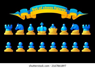 Set pieces for a board game of chess. Chess in the colors of the flag of Ukraine