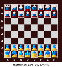 Set pieces for a board game of chess. Chess in the colors of the flag of Ukraine and russia flag.