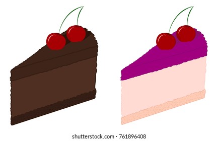 Set of pieces of cake with cherry. Chocolate cake with chocolate cream. Cake with pink cream. For design of advertising and printed products, for confectionery and bakeries. Vector EPS 10.