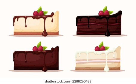 set of pieces of cakes with black and white chocolate and raspberries