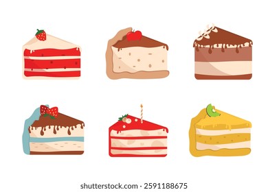 Set pieces of cakes in cartoon style. Vector illustration of cakes, cheesecakes with different fillings, cream, sponge cake, strawberry, apple, berries, kiwi, candle isolated on white background.
