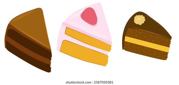 Set of pieces of cakes, isolated flat design, chocolate cakes, fruit cake with strawberry