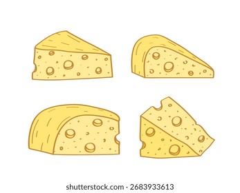 Un juego de trozos de queso con agujeros. Ilustración vectorial de quesos de productos lácteos.