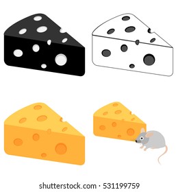 Set pieces of cheese, cheese icon, mouse illustration, mouse and cheese.  Flat design, vector.