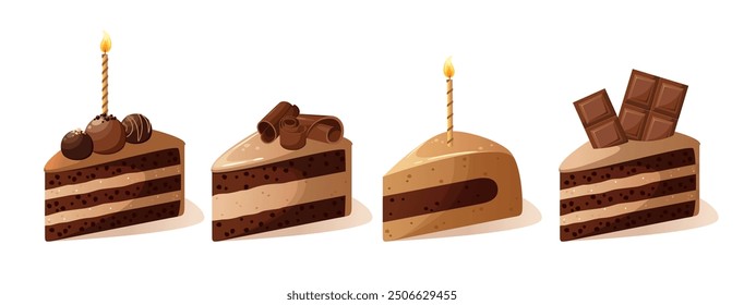 A set of pieces of chocolate cake with candles. Vector illustration.
