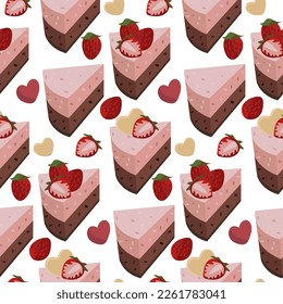 A set of pieces of chocolate and strawberry cake. Dessert with decorative elements of strawberries. Background for printing on textiles and paper. Seamless gift wrapping for the birthday party