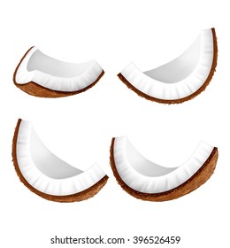 Set pieces of coconut isolated on white background. Realistic vector illustration.