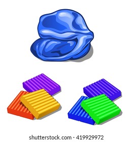 A set of pieces of colored plasticine or modeling clay red, yellow, purple and blue colors isolated on white background. Cartoon vector illustration close-up.