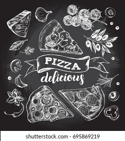 Set of pieces of delicious pizza and pizza ingredients. Food elements collection. Vector ink hand drawn illustration with lettering. Template for menu, signboard, cards, banners, posters design.