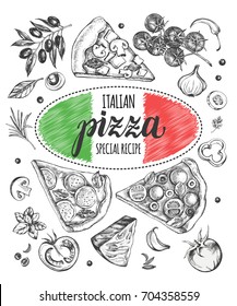 Set of pieces of delicious pizza and pizza ingredients. Food elements collection. Vector ink hand drawn illustration. Italian Cuisine. Template for menu, signboard, cards, banners, posters design.