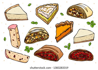 Set of pieces of different cakes and pies on white background