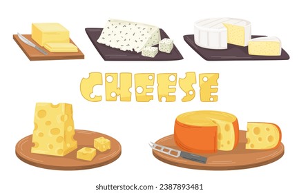 Un conjunto de piezas de diferentes tipos de quesos y mantequilla. Camembert, queso azul, queso suizo. Ilustración vectorial plana. Productos lácteos. Concepto de nutrición. Imagen de cocina. 