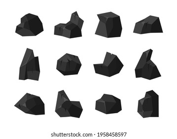A set of pieces of fossil stone black coal of various shapes with different illumination of the surface. Charcoal isolated on white background. Vector illustration