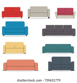 Set of pieces of furniture, sofas of various shapes isolated on white background. Elements of interior design in a flat style, vector illustrations.