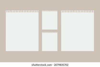 A Set Of Pieces Of Notebook Papers With Holes. Calendar, Notebook, Magazine, Memo, Pads, Daily, Planner. Empty Template. Vector Realistic Mockup. EPS10.