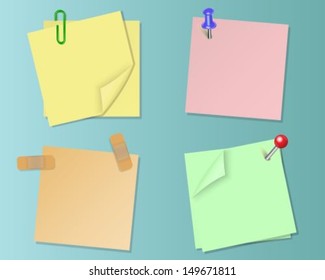 Set pieces of paper of different colors on the sticky tape and stationery pins 
