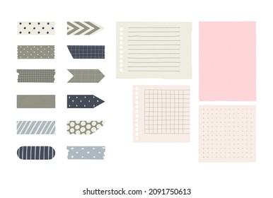 Set with pieces with paper and washi tape with different patterns. Hand drawn vector illustrations isolated on white background.
